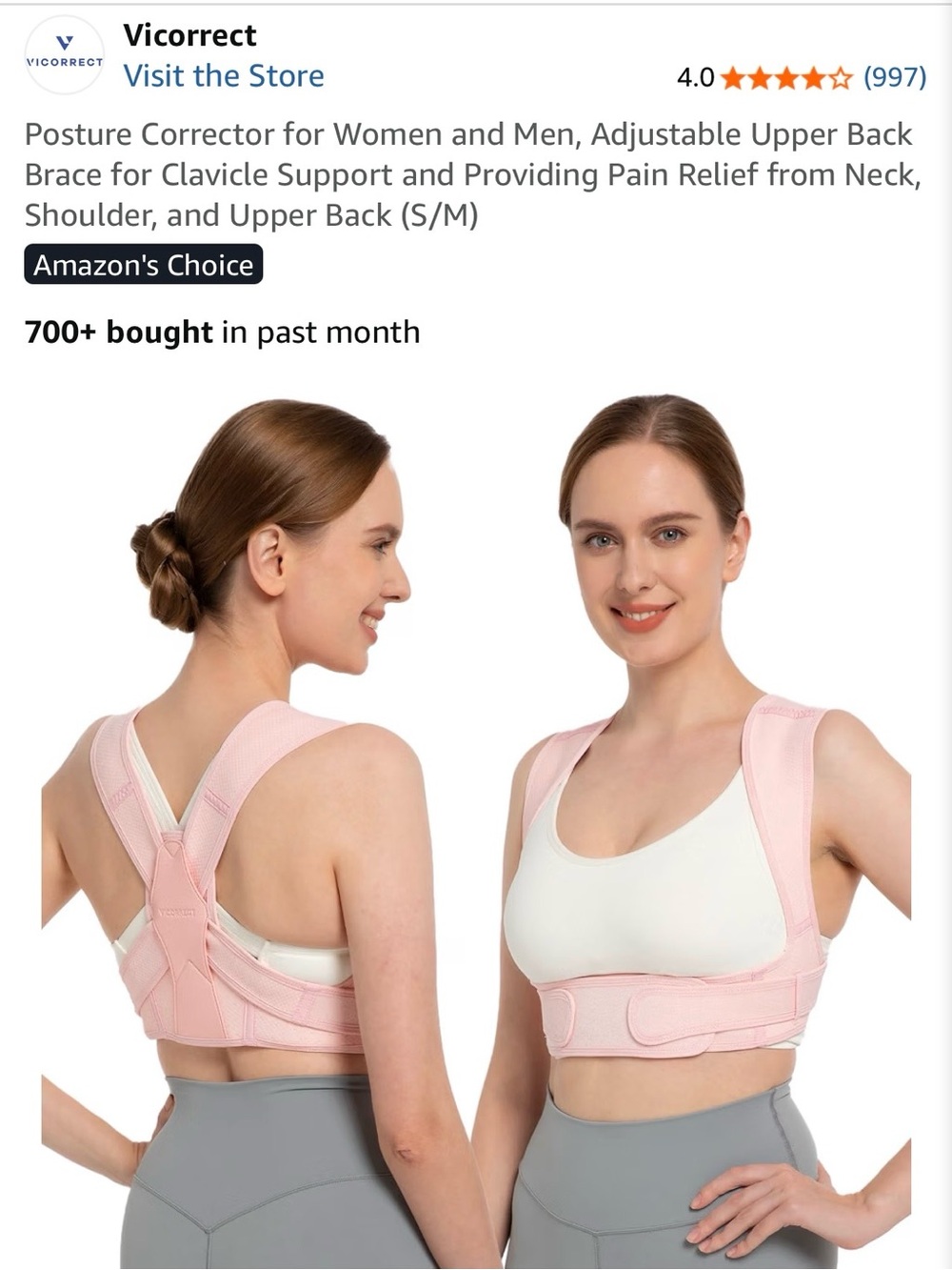 Never Used Vicorrect Pink Posture Corrector Back Brace Adjustable S/M